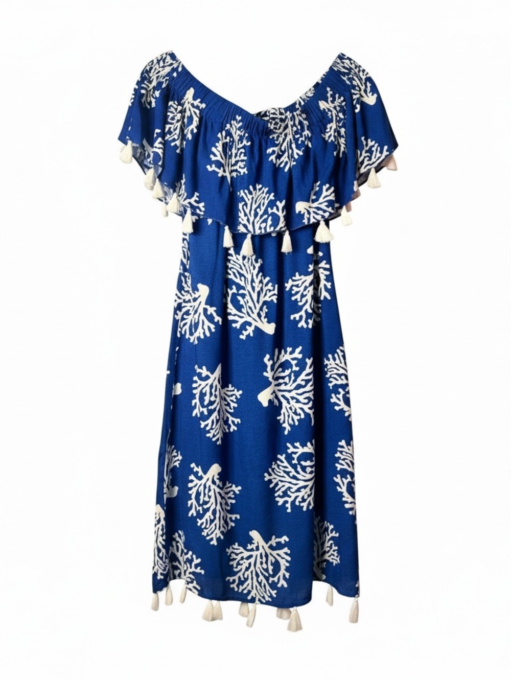 La Mer Luxe Off-Shoulder Dress Womens Small Blue Coral Print Like New Tassels